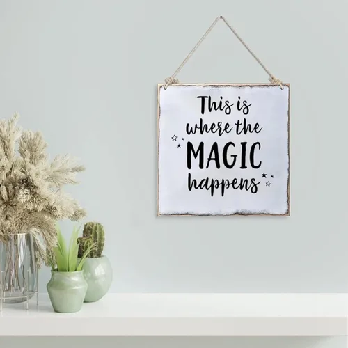 Vista 3 de Letrero de madera colgante para decoración de pared del hogar, con texto en inglés «This is Where the Magic Happens», placa artística para sala