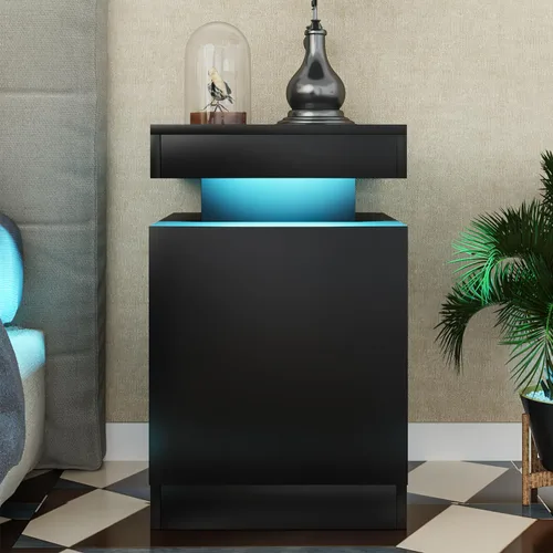 Vista 7 de oneinmil Juego de 2 mesitas de noche con luces LED, mesita de noche con armario de almacenamiento para dormitorio, mesita de noche con LED
