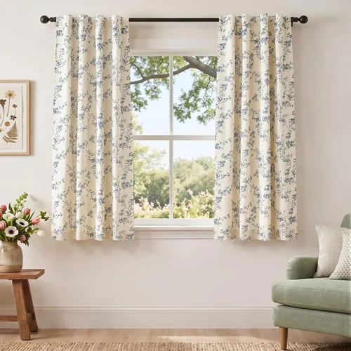 Vista 2 de jinchan Linen Blackout Curtains Blue Floral 63 Inch Back Tab 2 Panels Blue on Beige