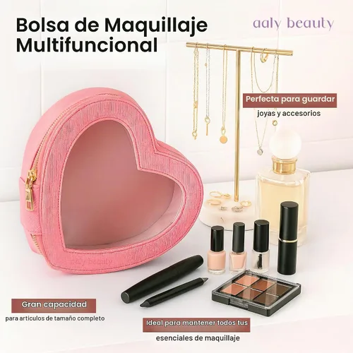 Vista 2 de Bolsa de maquillaje con forma de corazón – Bolsa de cosméticos de corazón rosa con cubierta transparente – Ideas de regalo para mujeres, mamá