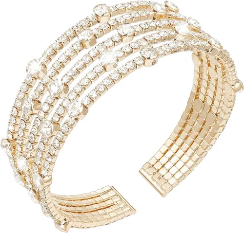 Vista 10 de Suyi Pulsera de Diamantes de Imitación Brazalete Dorado Multicapa para Mujer Pulseras de Cristal Nupciales