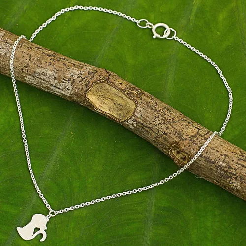 Vista 3 de NOVICA . Tobillera de plata de ley 925, 9.75 pulgadas 'Kitty Cat Charm', Plata de ley
