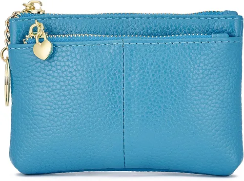 Vista 12 de Mini monedero con cremallera de cuero genuino para mujer, con llavero con triple cremallera, tarjetero Negro
