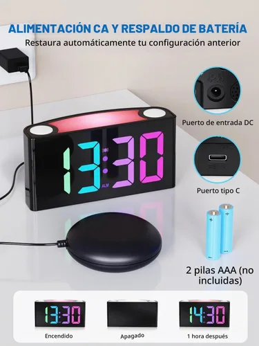 Vista 6 de Vibrating Alarm Clock for Heavy Sleepers with Bed Shaker, 3 Wake-Up Modes 110dB Loud Alarm for Hearing Impaired, 7.5-Inch RGB Display, 7 Color 8