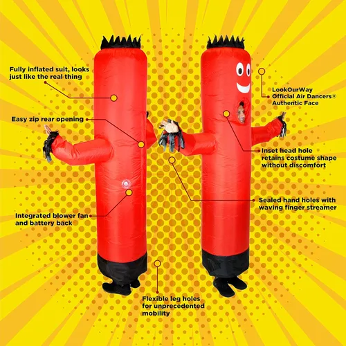 Vista 3 de LookOurWay Air Dancers Disfraz inflable de hombre tubo, loco tubo inflable que se agita, disfraz de Halloween, tamaño para adultos, rojo