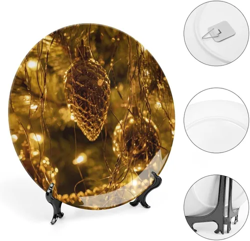 Vista 4 de Placa decorativa para montaje en pared, árbol de Navidad, placa redonda de cerámica con soporte, platos para el hogar, platos de postre, decoración