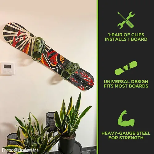 Vista 5 de HIDEit Mounts HBoard - Clips horizontales de montaje en pared para snowboard - American Company - Soporte de pared horizontal de acero negro y goma