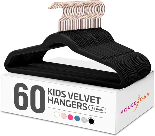 Vista 15 de HOUSE DAY Perchas de terciopelo para bebé, perchas de terciopelo para armario, paquete de 60 perchas antideslizantes para niños pequeños de 11.8