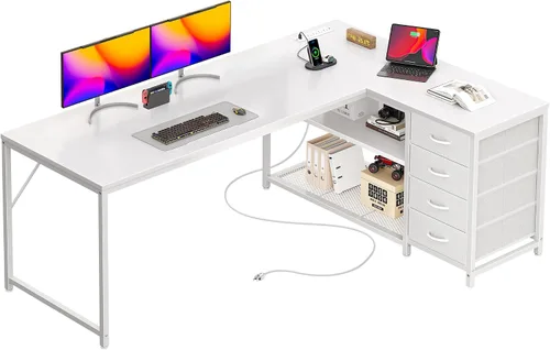 Vista 13 de PRAISUN Escritorio pequeño para computadora de 43.3 pulgadas con tomas de corriente y puerto USB-C, escritorio esquinero reversible en forma de L