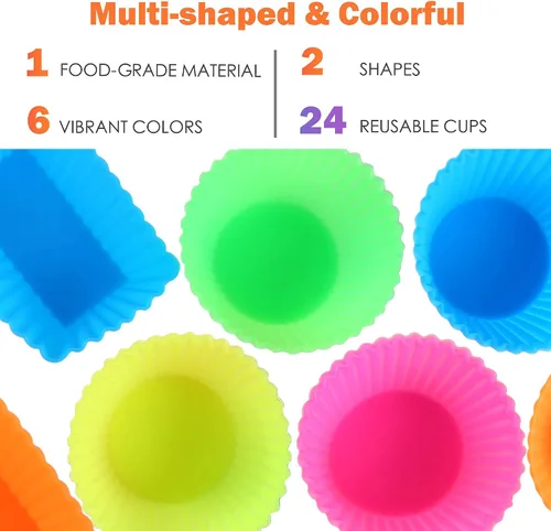 Vista 2 de IPOW Juego de 24 moldes de silicona para hornear cupcakes, reutilizables, de grado alimenticio, sin BPA, antiadherentes, 2 formas, rectángulo redondo