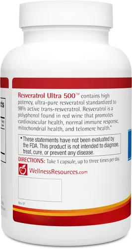 Vista 5 de Wellness Resources Resveratrol Ultra 500 - Alta Potencia 98% Trans-Resveratrol 500mg por cápsula (90 cápsulas) - Suplemento de resveratrol bioactivo