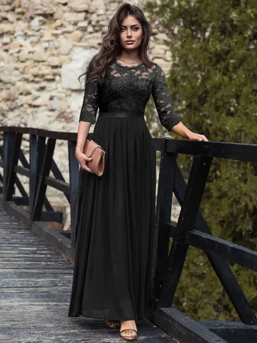Vista 3 de Miusol Vestido largo formal de dama de honor con encaje floral y manga 34 para mujer