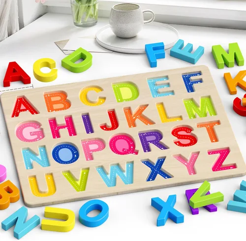 Vista 3 de Zeoddler Rompecabezas del alfabeto, rompecabezas de madera para niños pequeños, rompecabezas con forma de ABC para niños, actividades de aprendizaje