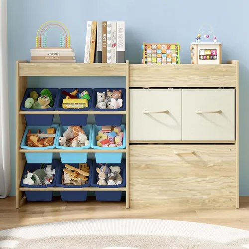Vista 9 de EXPERLAM Organizador de almacenamiento de juguetes para niños, organizador de juguetes de 9 compartimentos con 2 cajones, cofre de juguetes móvil