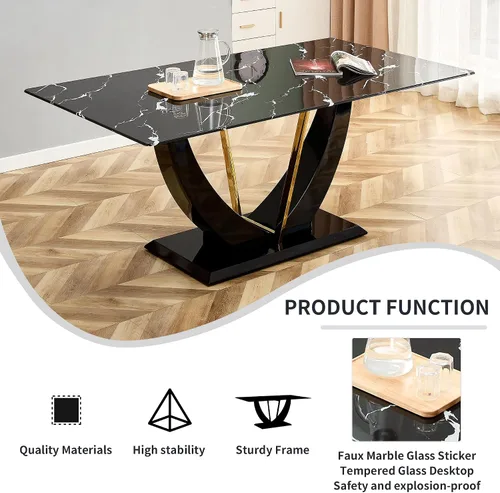 Vista 5 de Mesa de comedor para 4 a 6, mesa de cocina moderna, mesa de comedor, mesa rectangular de vidrio templado de 63 pulgadas con patas de MDF negras