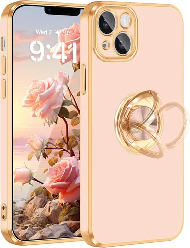 Vista 13 de Fingic - Funda para iPhone 13, soporte giratorio de 360°, soporte magnético Shiny Plating Gold Edge Slim Soft TPU Shockproof Protective Phone Case