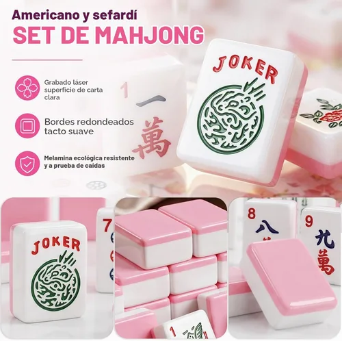 Vista 6 de American Mahjong - Juego completo de 166 azulejos rosados con 4