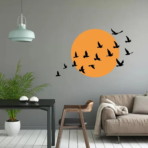 Vista 3 de Calcomanía de pared de pájaros y sol, círculos grandes con pájaros, arte de pared minimalista, calcomanías de pared modernas para sala de estar