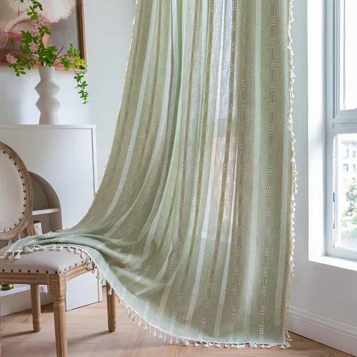 Vista 10 de Cortinas de lino de granja estilo bohemio Aveboll de 63" 84" 96" pulgadas de largo, juego de 2 paneles, cortinas modernas y rurales con bordado