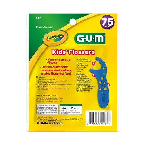 Vista 3 de GUM Crayola Hilos Dentales para Niños con Flúor - Diseñados para Manos Pequeñas - Divertido Sabor a Uva - Palillos de Hilo Dental Fáciles de Usar