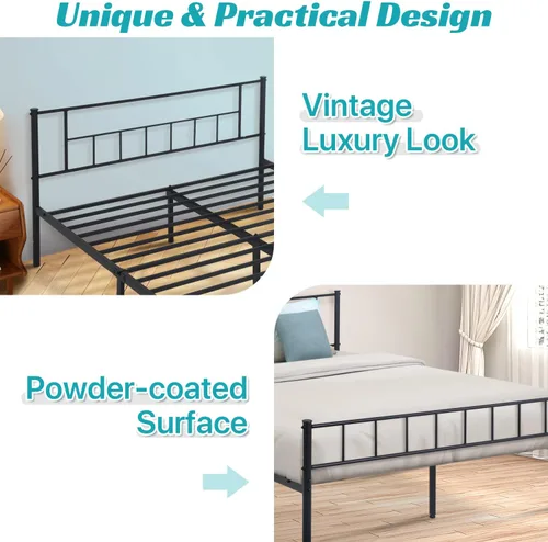 Vista 5 de Dkelincs Base de cama tamaño King con cabecero y tabla de pie, marco de cama de plataforma de metal de acero resistente, almacenamiento reservado