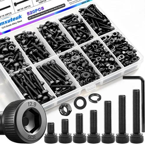 Vista 12 de mxuteuk Juego de tornillos M5 de 185 piezas, kit de tuercas, pernos y tornillos de cabeza hexagonal M5, pernos de acero de aleación de grado 12.9