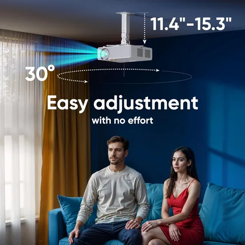 Vista 3 de ONKRON - Soporte de techo para proyector, máximo 22 libras, soporte universal, color blanco Projector mount with 11.4-15.3" height adjustable arm