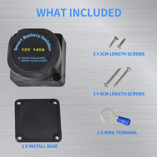 Vista 6 de Kit de Aislamiento de Batería Dual MaySpare 12V 140Amp Relé Sensible al Voltaje VSR Cargador Automático de Batería Doble y Kit de Cableado