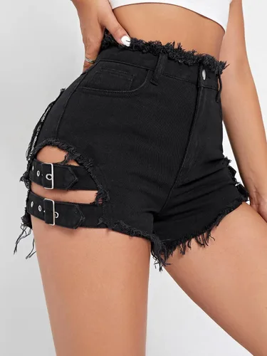 Vista 3 de Floerns Pantalones cortos de mezclilla sólidos de cintura alta con dobladillo deshilachado para mujer