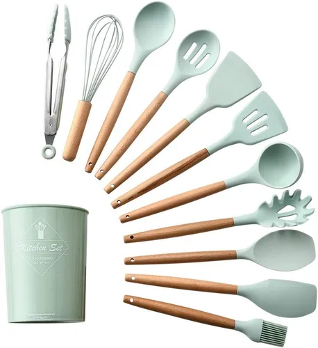 Vista 9 de Juego de utensilios de cocina de silicona, resistentes al calor, antiadherentes, con asas de madera, para restaurante comercial y hogar