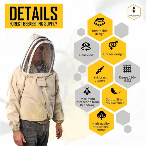 Vista 4 de Chaqueta de abeja con velo - Chaqueta de lona natural con cintura y puños elásticos, cremalleras YKK de latón, 3 bolsillos utilitarios. Capucha