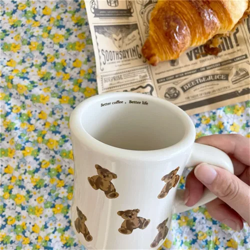 Vista 7 de Tazas de Café de Cerámica para Mujeres y Niñas, Tazas de Oso de Dibujos Animados en Crema Blanca, Taza de Agua 350ML/12OZ. Linda Taza de Café