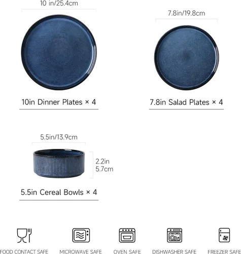Vista 3 de Stoneware Dinnerware Sets for 4, 12Pcs Plates and Bowls Set, Midnight Blue