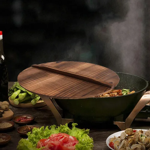 Vista 4 de ERINGOGO Tapa de madera para wok de 12.5 pulgadas, cubierta de sartén de madera natural con mango ergonómico, tapa de olla de cocina