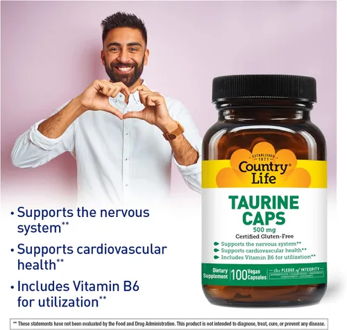 Vista 4 de Country Life Tapas de taurina, apoya la salud cardiovascular y el sistema nervioso, 500 mg, 100 cápsulas veganas, certificado sin gluten