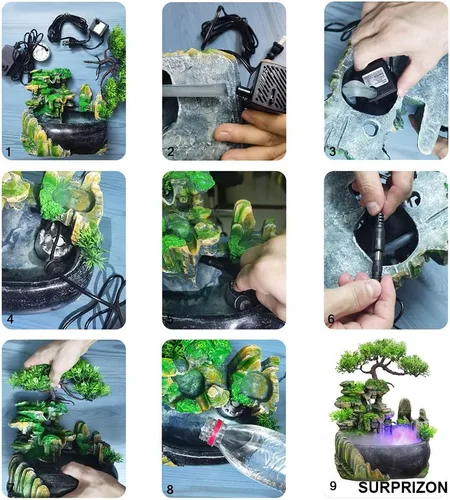 Vista 5 de Fuente de escritorio de relajación para interiores, cascada de meditación zen con bomba automática, cascada iluminada para decoración de escritorio