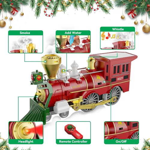Vista 2 de Hot Bee Juego de tren de Navidad con control remoto, juguetes de tren con humo, luces y sonido, juegos de tren de Navidad para alrededor del árbol