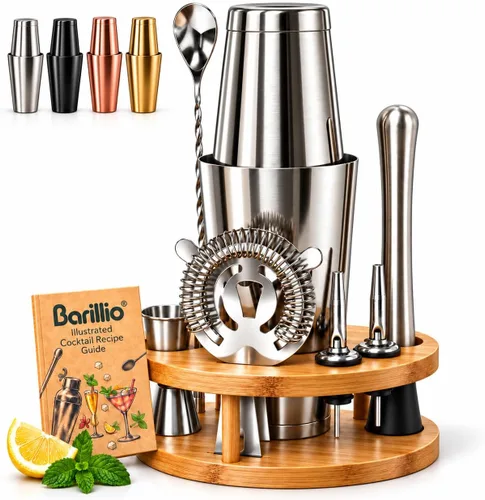 Vista 7 de Barillio Black Mixology - Kit de barman con soporte, juego de coctelera con soporte de bambú, coctelera Boston, Mojito Muddler y cuchara mezcladora