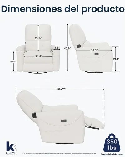 Vista 2 de KINGYES - Silla reclinable eléctrica, deslizador giratorio de 270° para Beige
