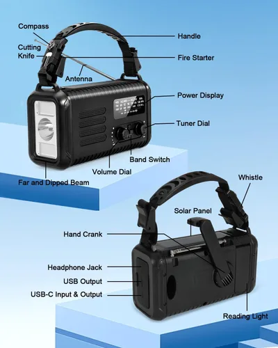Vista 5 de Radio de emergencia de manivela, radio meteorológica de manivela solar de 20000 mAh / 74000 mWh con NOAA/AM/FM, radio alimentada por batería