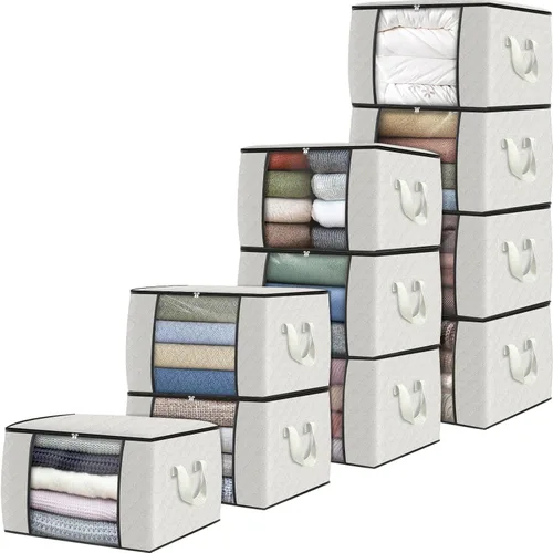 Vista 53 de Fab totes Paquete de 3 bolsas de almacenamiento plegables de tela gruesa, contenedores para organizar dormitorio, armario, ropa, edredón, Beige