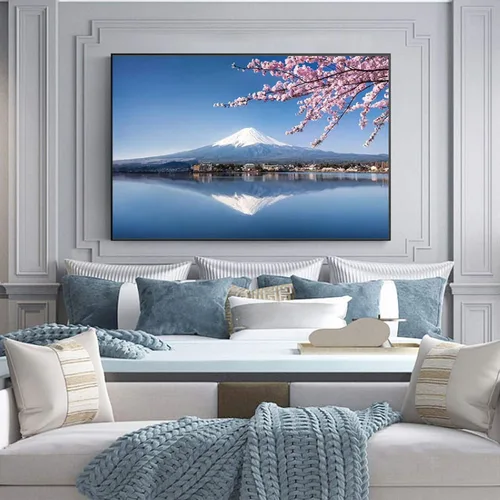 Vista 5 de Imagen sobre lienzo, imagen de paisaje de puesta de sol de flores de cerezo del monte Fuji, imagen de arte de pared de lienzo para la decoración