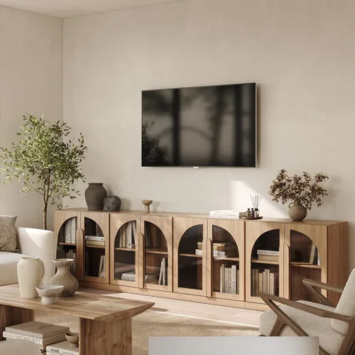 Vista 76 de BELLEZE Centro de entretenimiento modular de 4 piezas con almacenamiento, 2 vitrinas de madera moderna con gabinete arqueado y 2 armarios de puerta