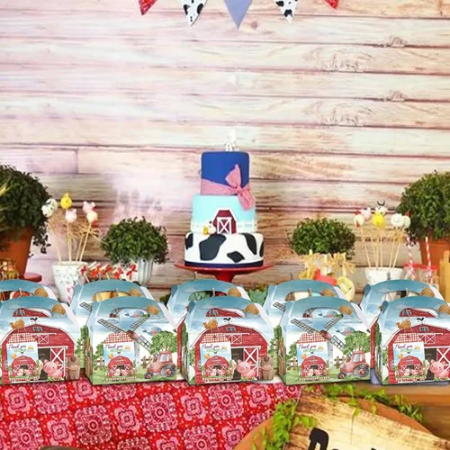 Vista 6 de Cajas de fiesta de granja, 12 cajas de regalo temáticas de granja con tarjetas de agradecimiento para cumpleaños, suministros de fiesta temática