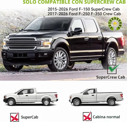 Vista 2 de Estribos compatibles con Ford F-150 SuperCrew Cab 2015-2026 y Ford F-250 F-350 Super Duty Crew Cab 2017-2024, estribos laterales de aluminio negro