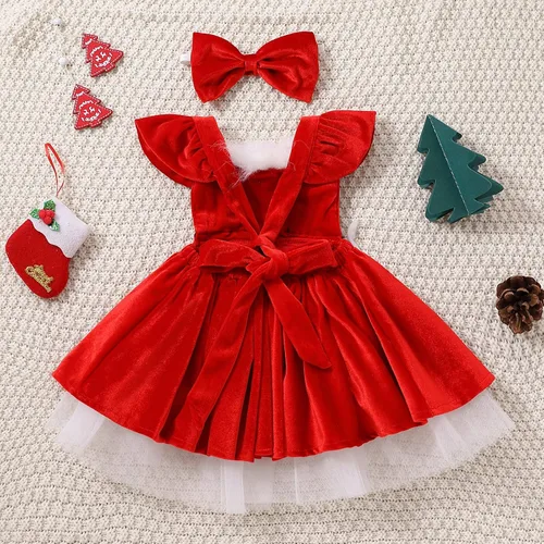Vista 4 de ZIYIXIN Vestido de terciopelo de Navidad para niña pequeña, vestido de tul de princesa roja con sombrero de Papá Noel, trajes lindos para fiesta