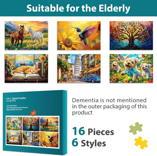 Vista 7 de Biarek 6 paquetes de rompecabezas de 16 piezas grandes para personas mayores, actividades para Alzheimer y demencia, rompecabezas fácil, 6 bolsas