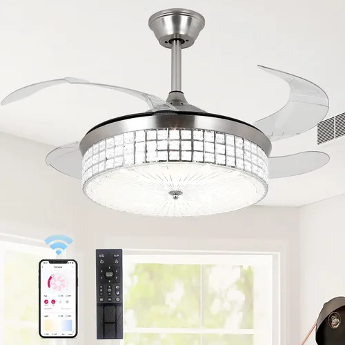 Vista 8 de STERREN Ventilador de techo de cristal de 42 pulgadas con luz, moderno y retráctil de montaje empotrado, de perfil bajo, sin aspas, ventilador