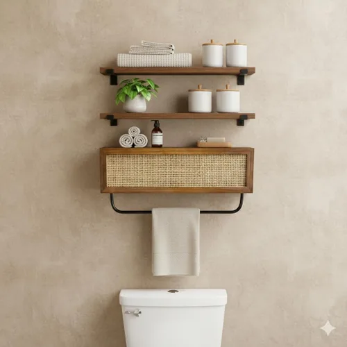 Vista 3 de Autumn Alley Estantes flotantes orgánicos modernos para baño, estantes sobre el inodoro con cesta de ratán, organizador de bastones, almacenamiento