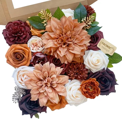 Vista 19 de FACINOC Juego de ramos de flores artificiales de rosas artificiales para bricolaje, decoración de despedida de soltera, arreglos florales falsos